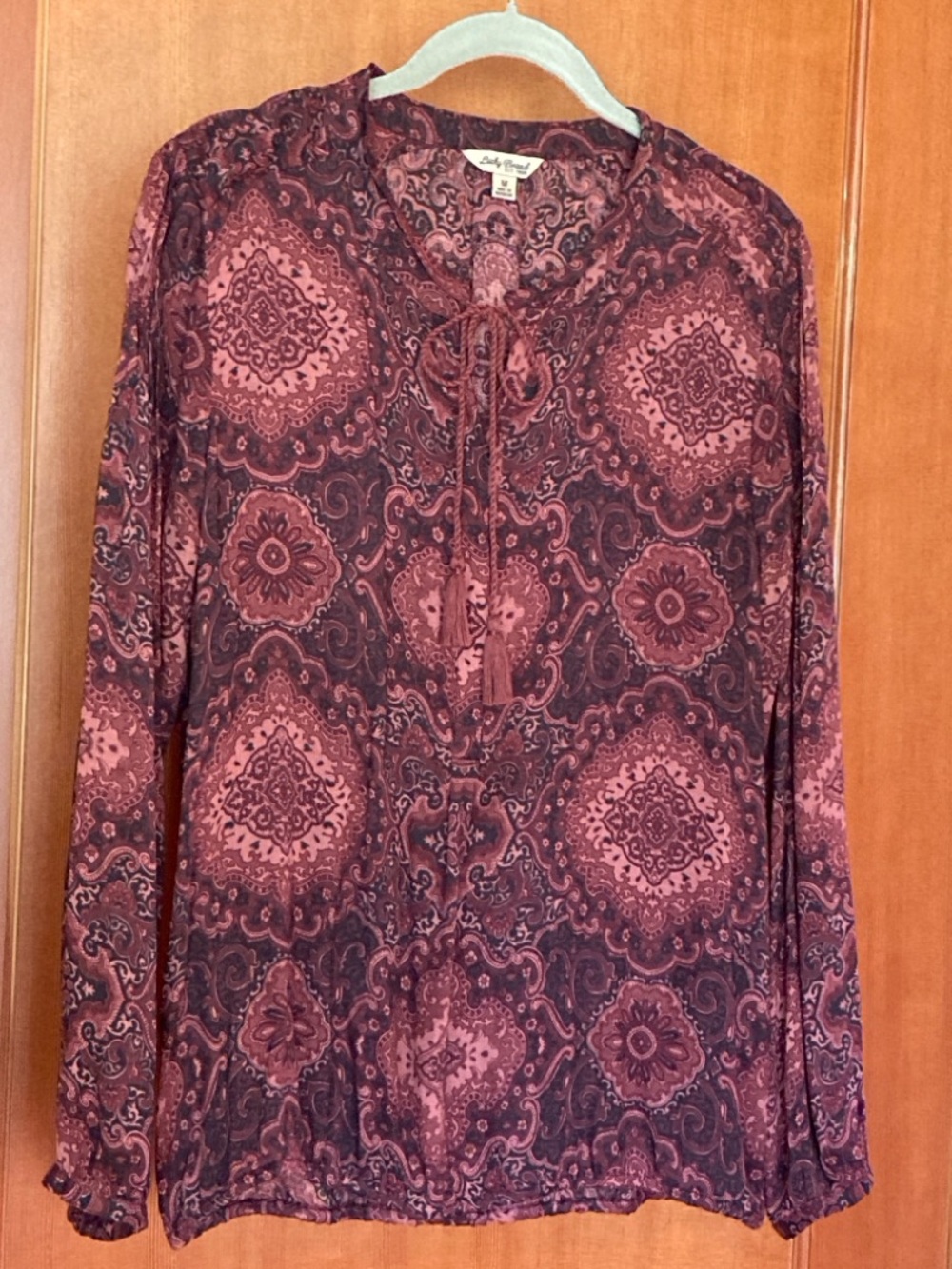 Lucky Brand Paisley Tie-Neck Long-Sleeve Top Dusty Rose Size M